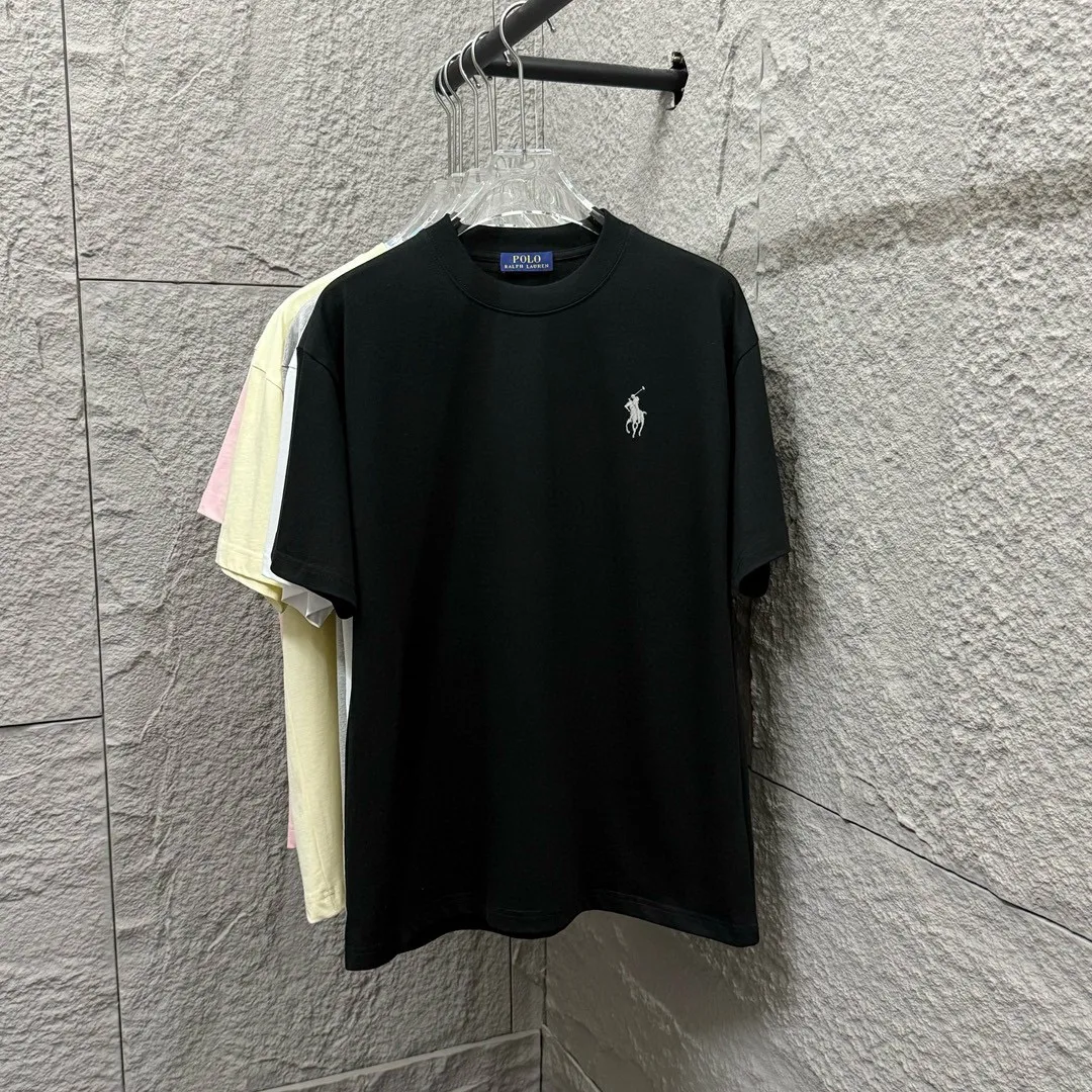 🅿️180 Polo* Ralph Lauren 2025 spring and summer new style Classic pony embroidery Customized double yarn plain cotton fabric Short-sleeved T-shirt Uniform for men and women Color: black white light pink light blue Size: S (90-130 pounds) M (120-150 pounds) L (140-165 pounds) XL (160-180 pounds) XXL (180-210 pounds)